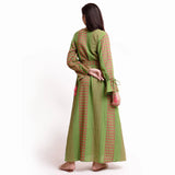 Back View of a Model wearing Green Yarn Dyed Cotton Ankle Length Bohemian Dress