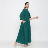 Green Yarn Dyed Cotton Ankle Length Pleated Flared Dress