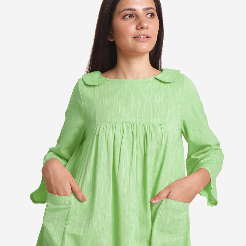 Front Detail of a Model wearing Green Yarn Dyed Cotton Yoked Dress