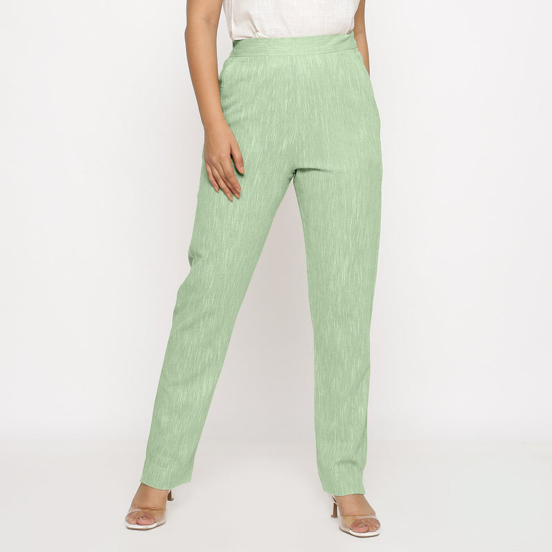 Front View of a Model wearing Green Yarn Dyed Mid Rise Tapered Pant