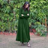 Forest Green Warm Cotton Corduroy Fit and Flare Maxi Dress