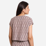 Back View of a Model wearing Grey Dabu Block Print V-Neck Crop Top