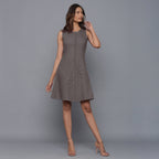 Front View of a Model wearing Grey Flannel Button-Down Dress