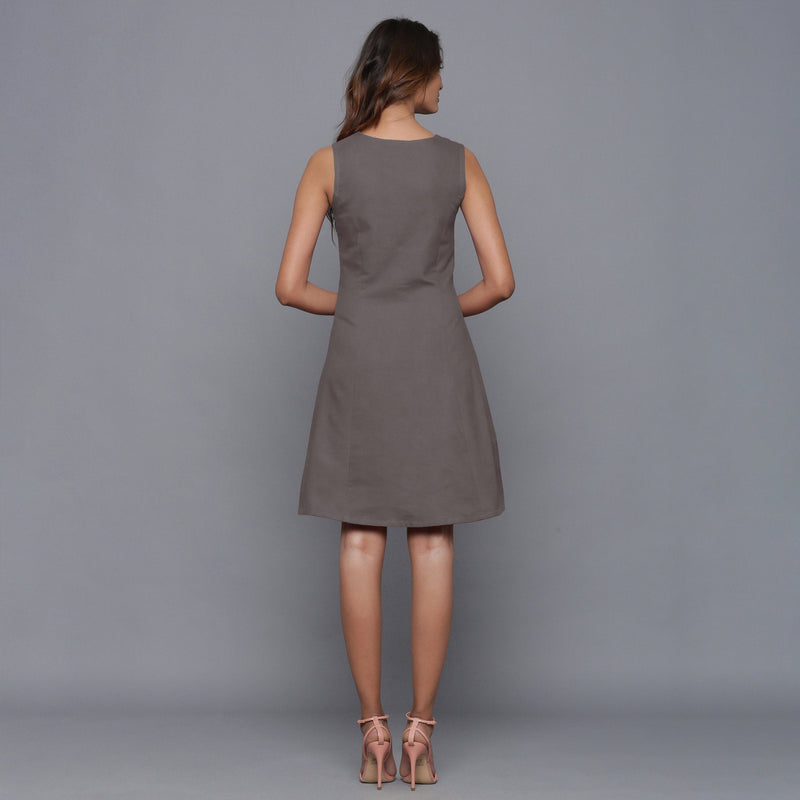 Back View of a Model wearing Grey Flannel Button-Down Dress