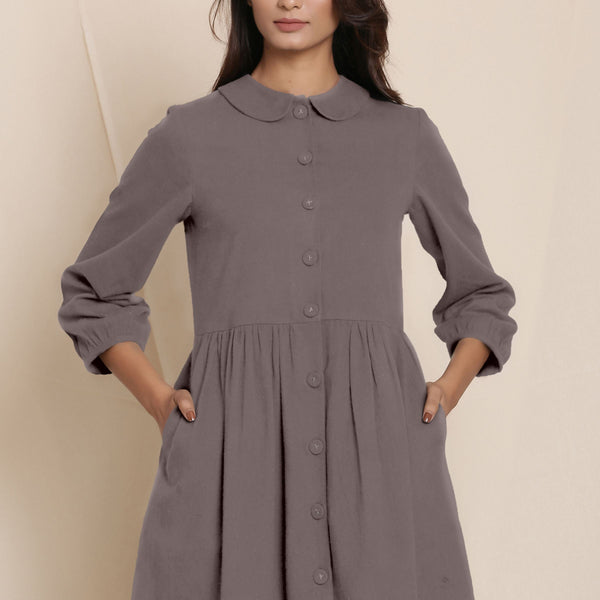 Front Detail of a Model wearing Grey Flannel Peter Pan Gathered Dress