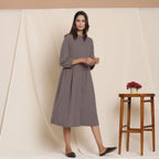 Right View of a Model wearing Grey Flannel Peter Pan Gathered Dress