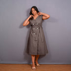 Grey Warm Cotton Flannel Button-Down A-Line Midi Dress