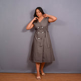 Grey Warm Cotton Flannel Button-Down A-Line Midi Dress