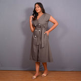 Grey Warm Cotton Flannel Button-Down A-Line Midi Dress