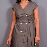 Grey Warm Cotton Flannel Button-Down A-Line Midi Dress