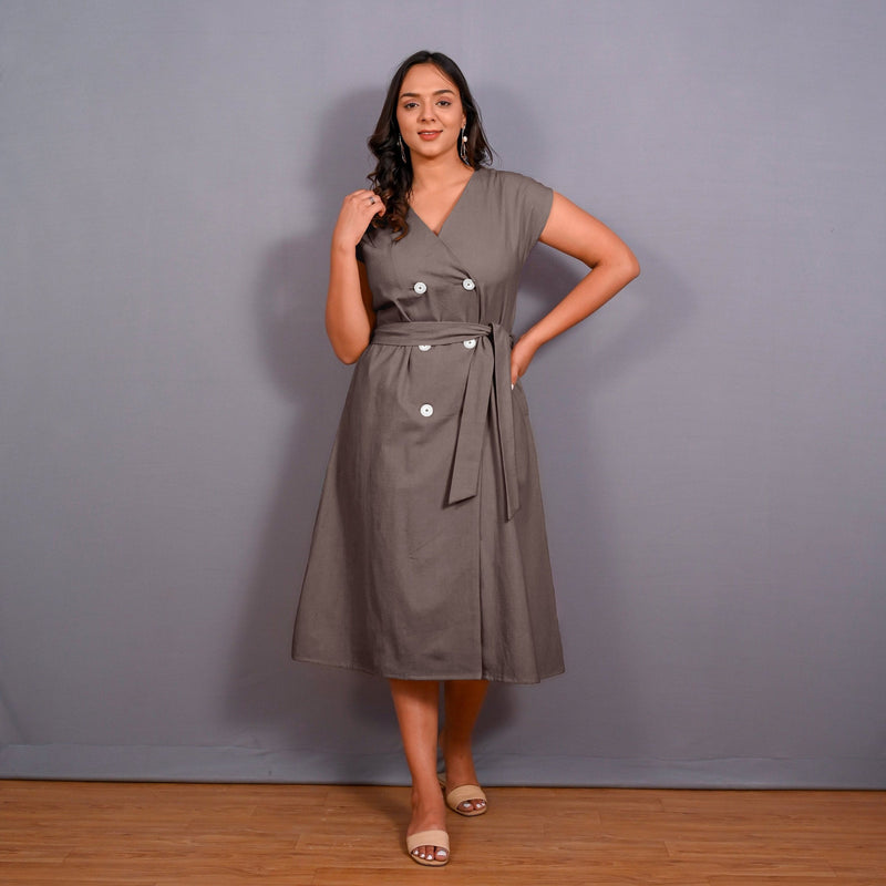 Grey Warm Cotton Flannel Button-Down A-Line Midi Dress