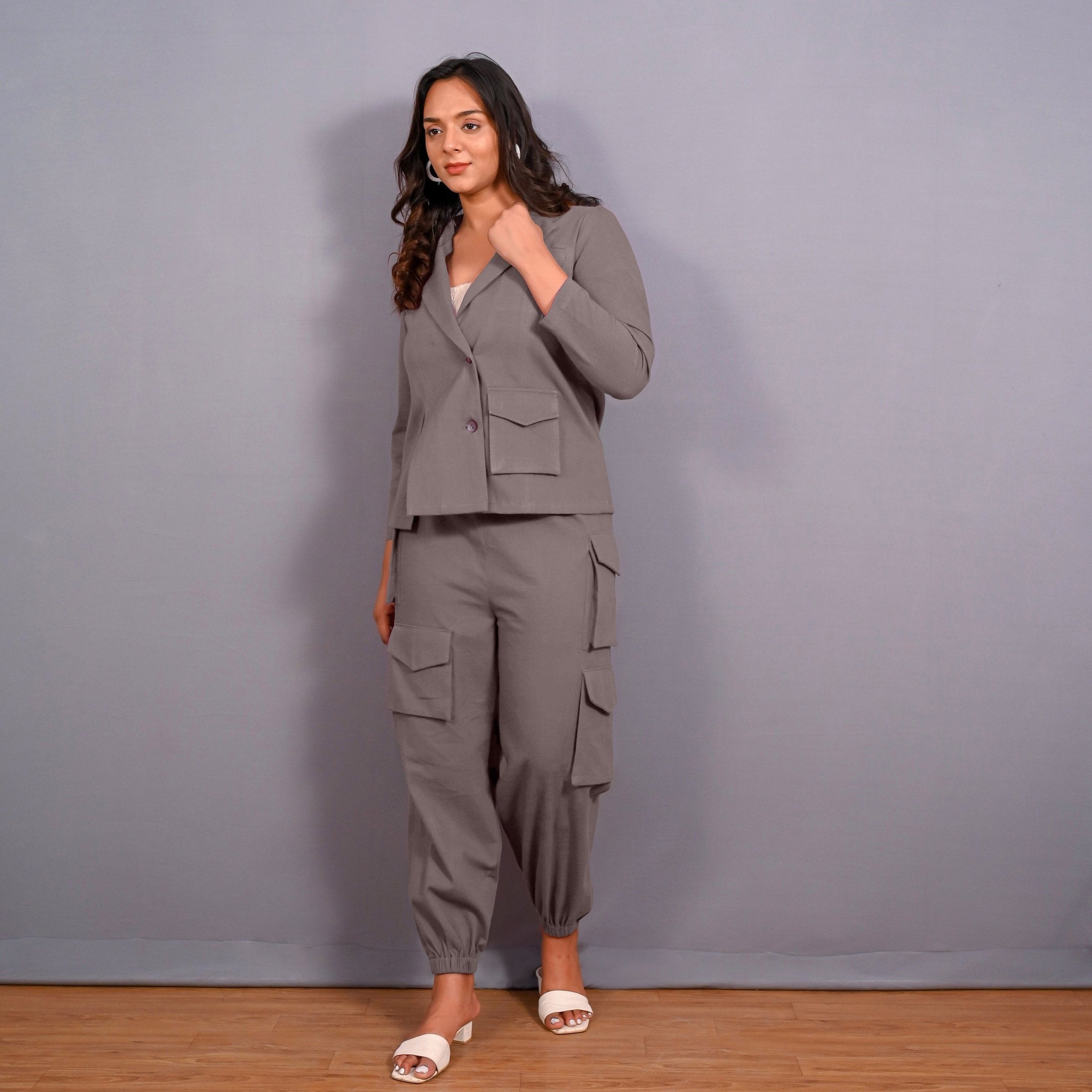 Grey Warm Cotton Flannel Elasticated Cargo Jogger Pant
