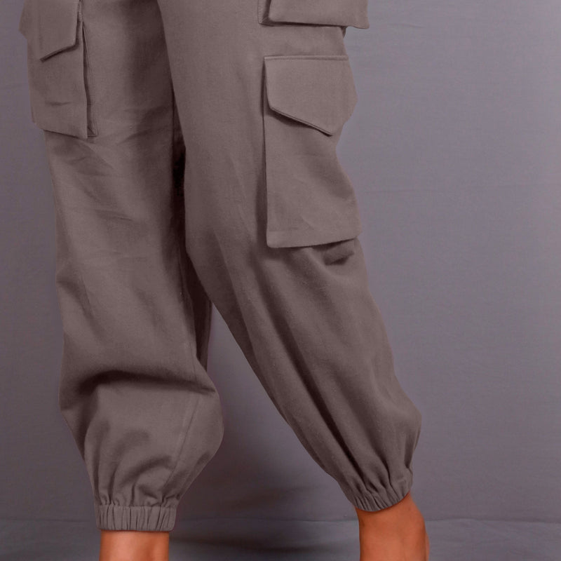 Grey Warm Cotton Flannel Elasticated Cargo Jogger Pant
