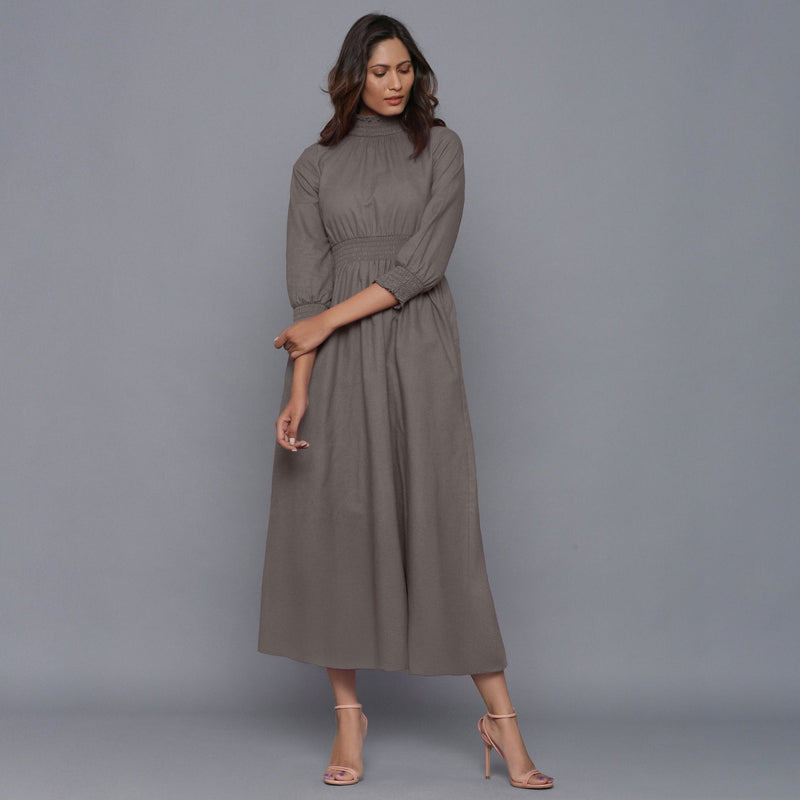 Grey Warm Cotton Flannel High Neck Maxi Dress