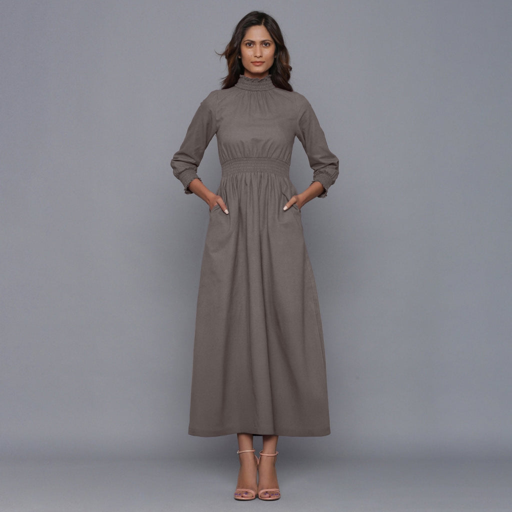 Grey Warm Cotton Flannel High Neck Maxi Dress