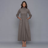 Grey Warm Cotton Flannel High Neck Maxi Dress