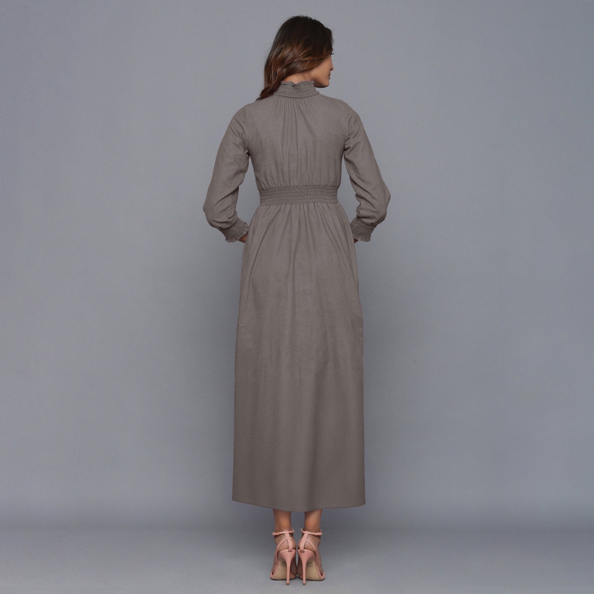 Grey Warm Cotton Flannel High Neck Maxi Dress