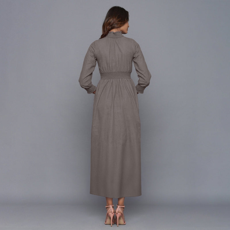 Grey Warm Cotton Flannel High Neck Maxi Dress