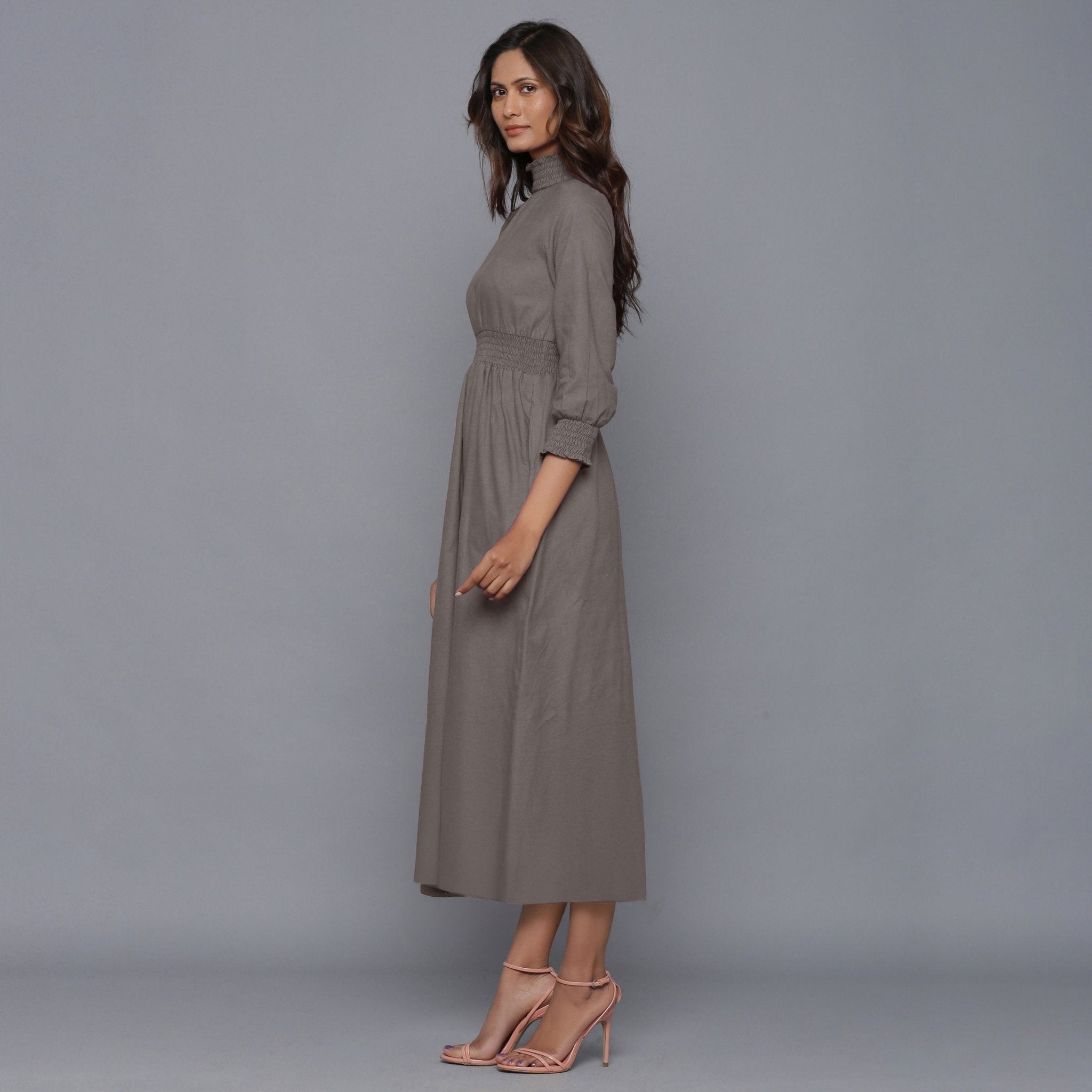 Grey Warm Cotton Flannel High Neck Maxi Dress