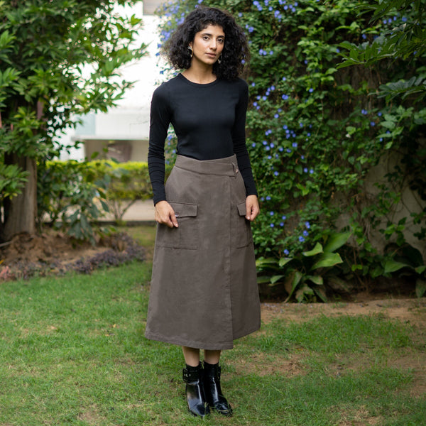 Grey Warm Cotton Flannel High-Rise A-Line Midi Wrap Skirt