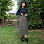 Grey Warm Cotton Flannel High-Rise A-Line Midi Wrap Skirt