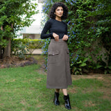 Grey Warm Cotton Flannel High-Rise A-Line Midi Wrap Skirt