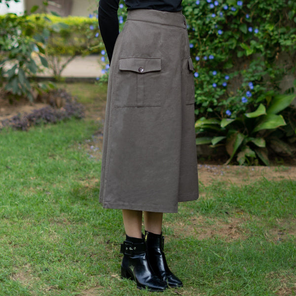 Grey Warm Cotton Flannel High-Rise A-Line Midi Wrap Skirt