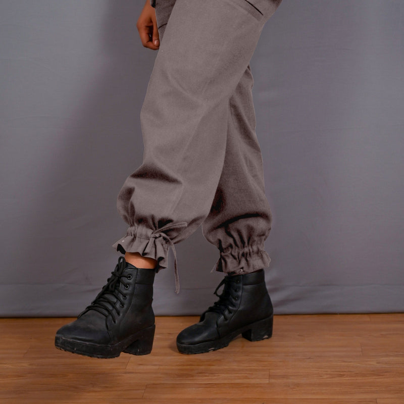 Grey Warm Cotton Flannel High-Rise  Convertible Jogger Cargo Pant