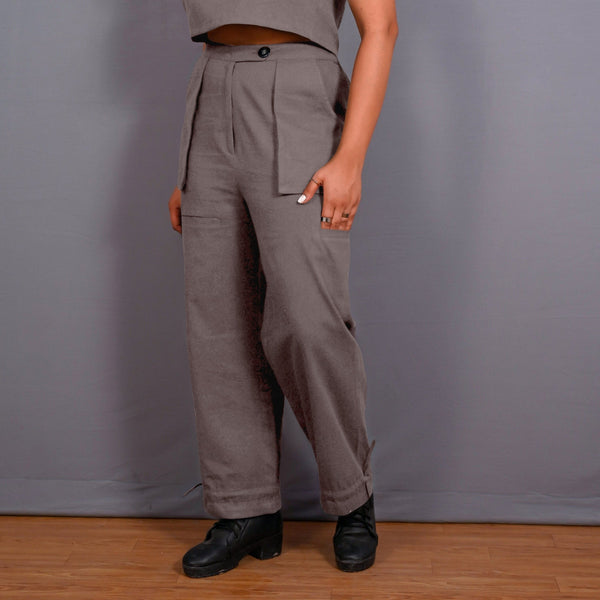 Grey Warm Cotton Flannel High-Rise  Convertible Jogger Cargo Pant