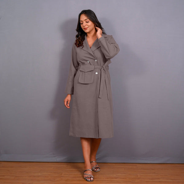 Grey Warm Cotton Flannel Midi Blazer Dress