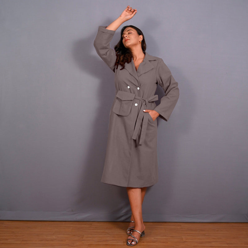 Grey Warm Cotton Flannel Midi Blazer Dress