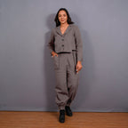 Grey Warm Cotton Flannel Single-Breasted Crop Blazer