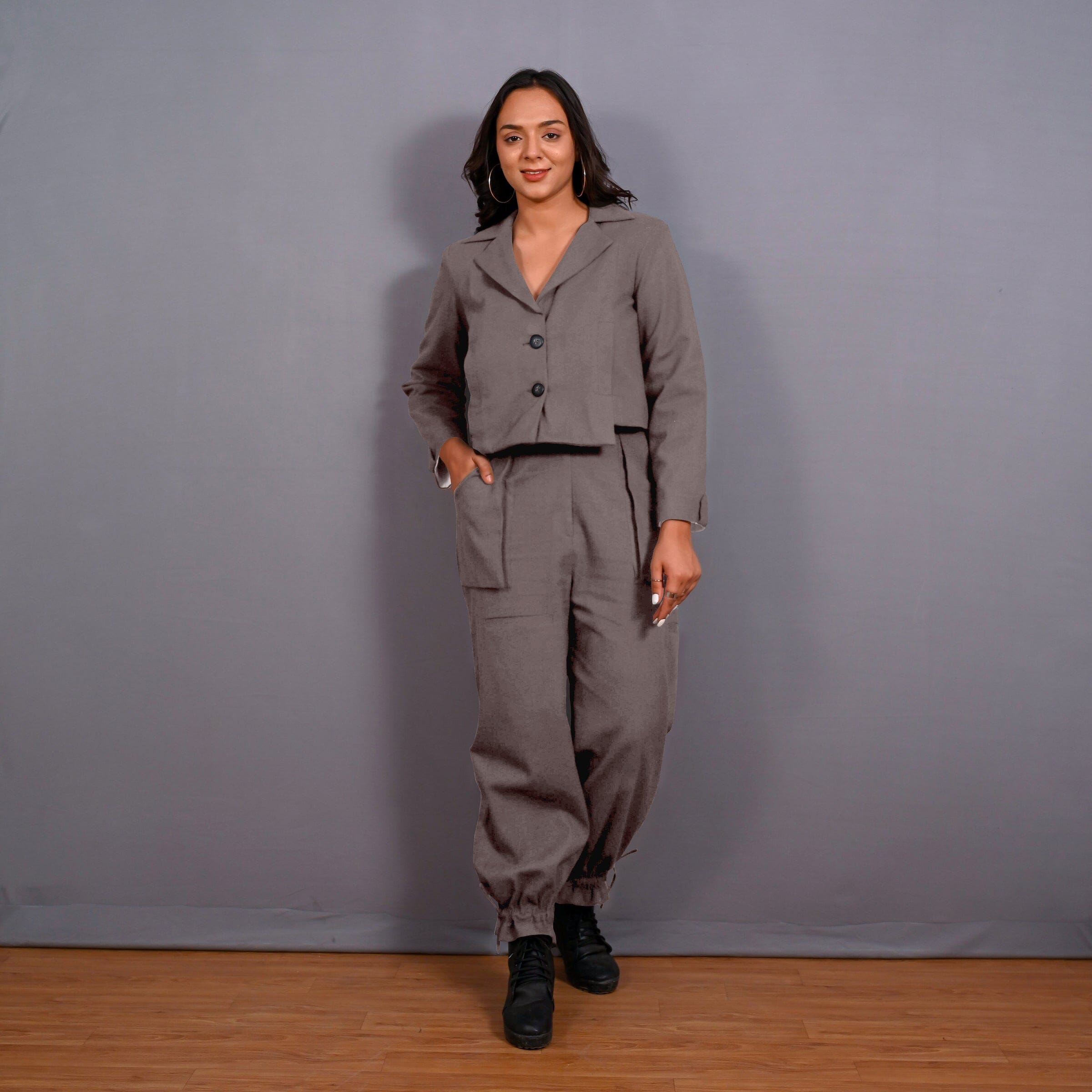 Grey Warm Cotton Flannel Single-Breasted Crop Blazer