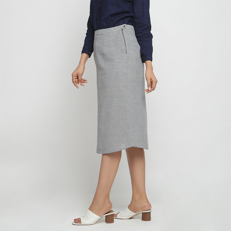 Left View of a Model wearing Grey Yarn Dyed Cotton Straight Skirt