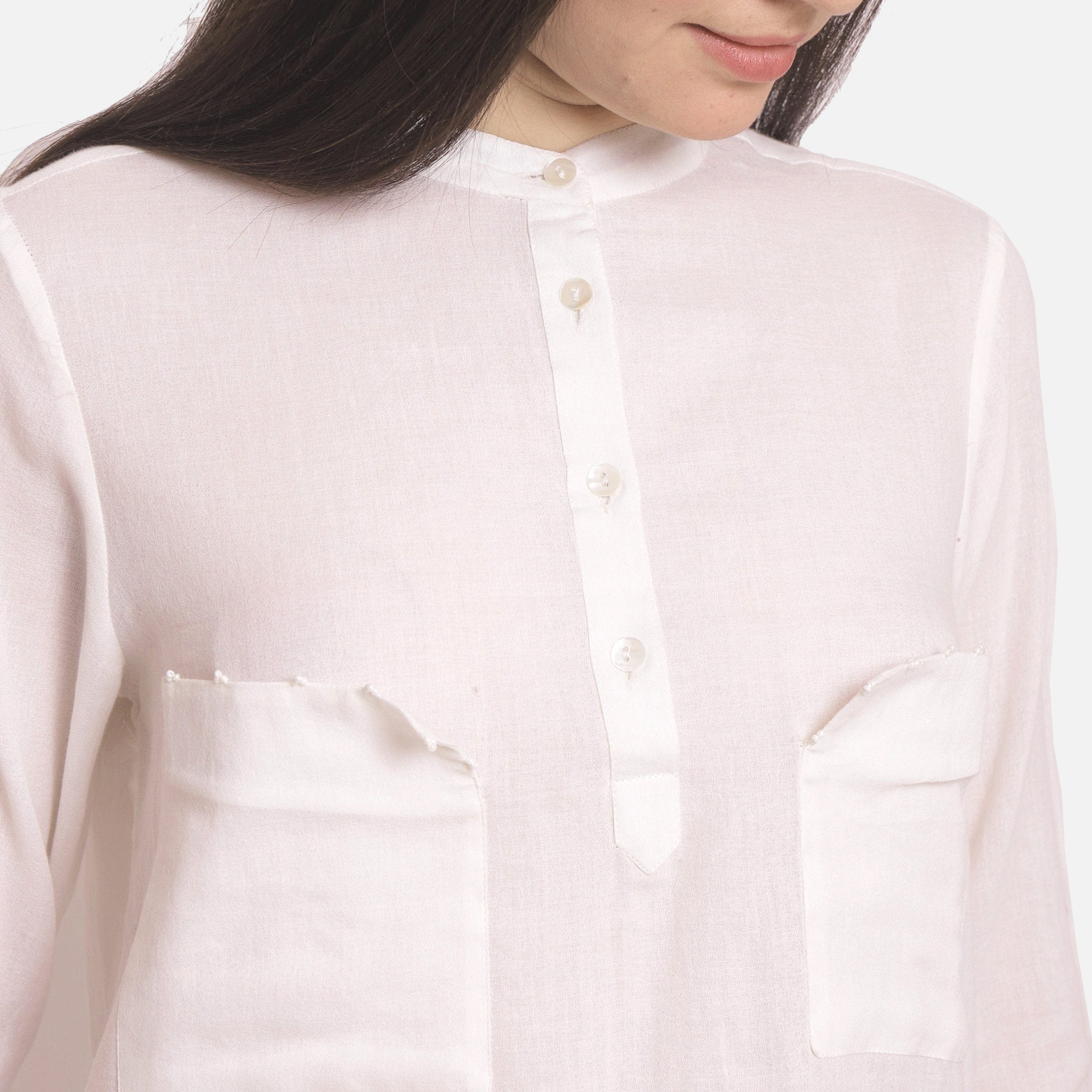 Front Detail of a Model wearing Hand Beaded Mandarin Collar Cotton Shirt