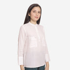 Right View of a Model wearing Hand Beaded Mandarin Collar Cotton Shirt