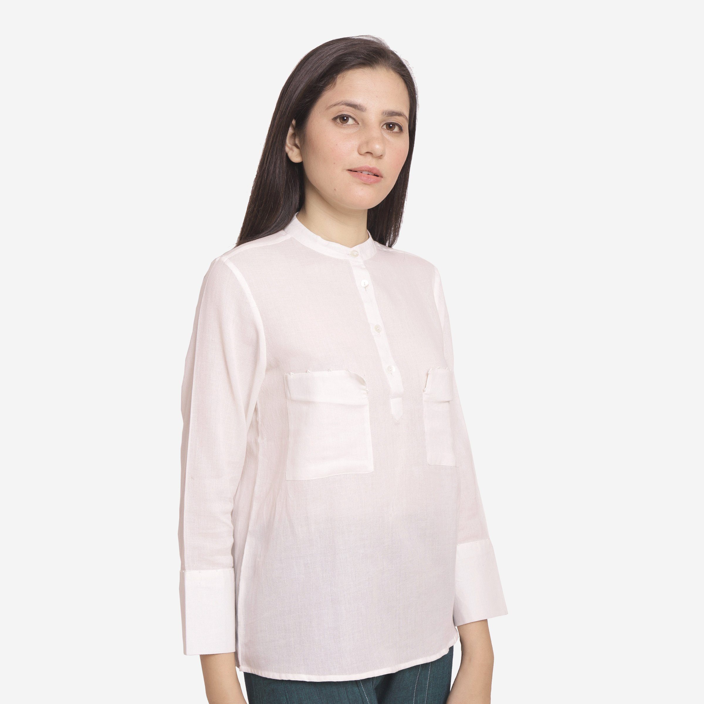 Right View of a Model wearing Hand Beaded Mandarin Collar Cotton Shirt
