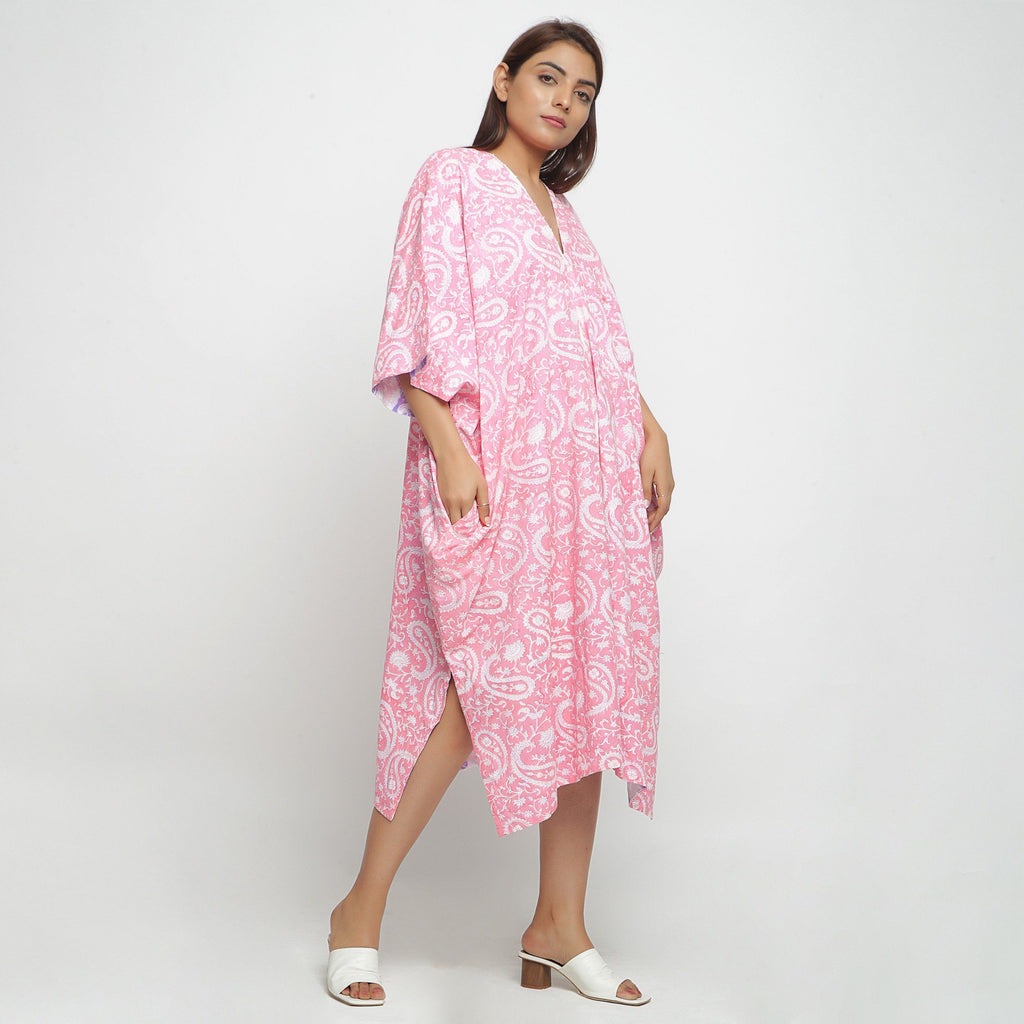 Right View of a Model wearing Reversible Mid Calf Length Cotton Kaftan