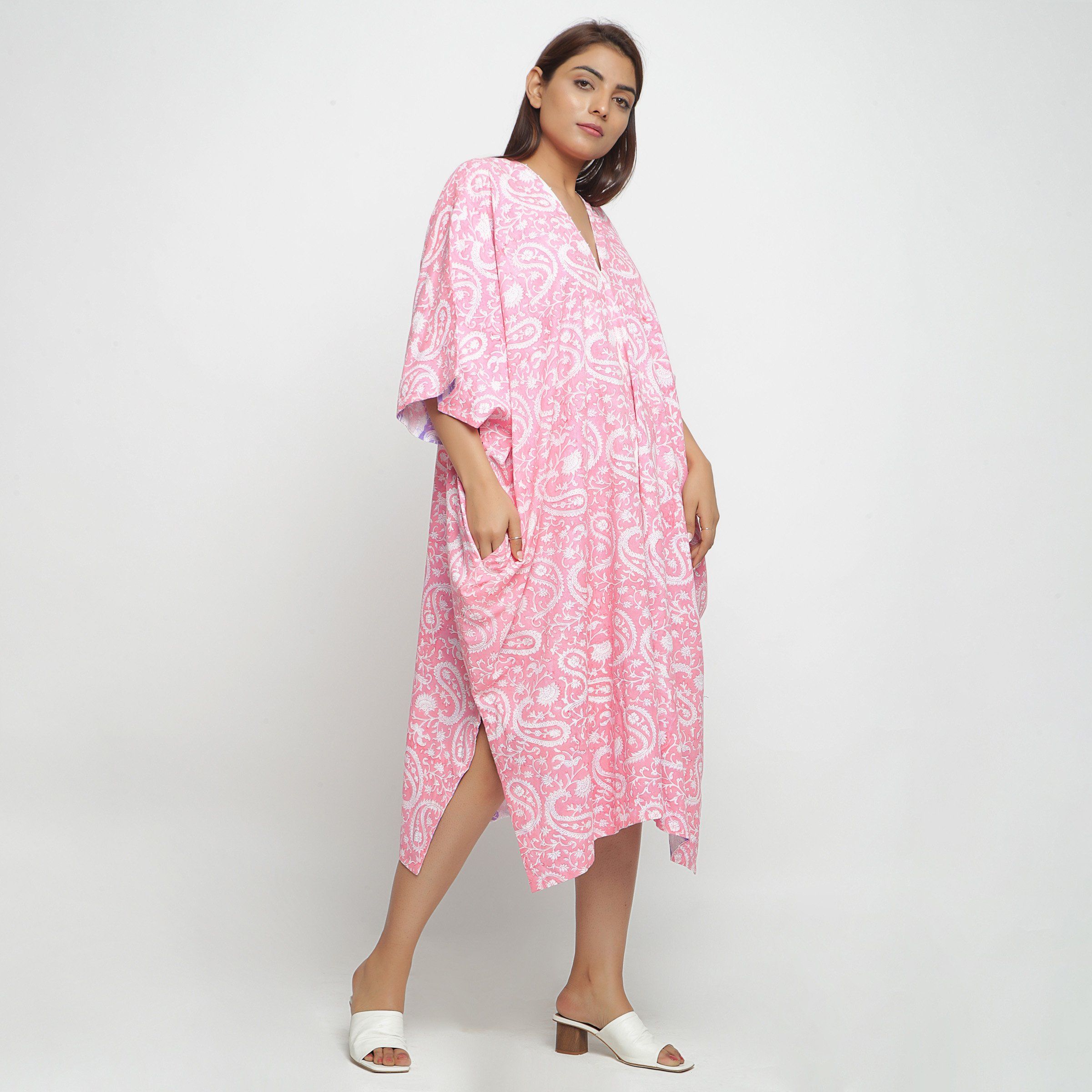 Right View of a Model wearing Reversible Mid Calf Length Cotton Kaftan