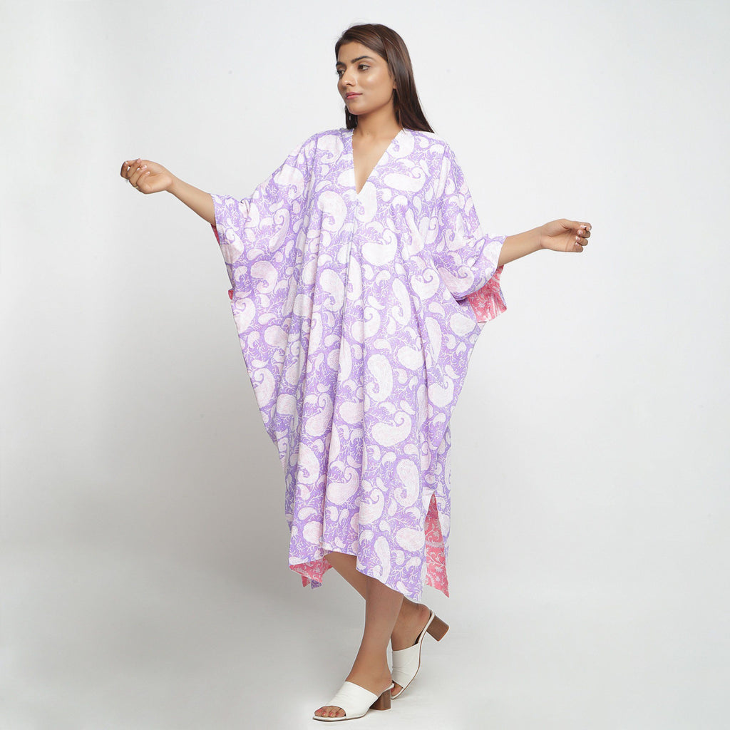 Front View of a Model wearing Reversible Mid Calf Length Cotton Kaftan