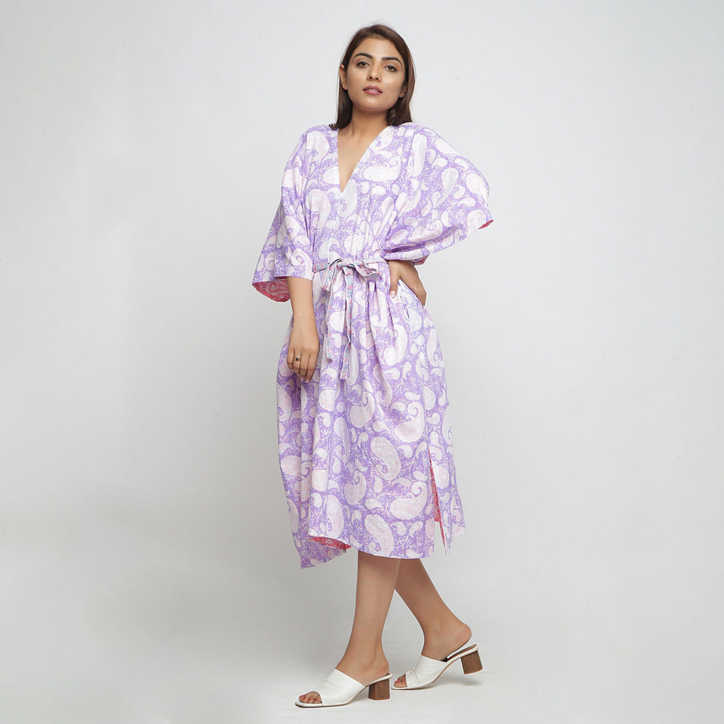 Left View of a Model wearing Reversible Mid Calf Length Cotton Kaftan