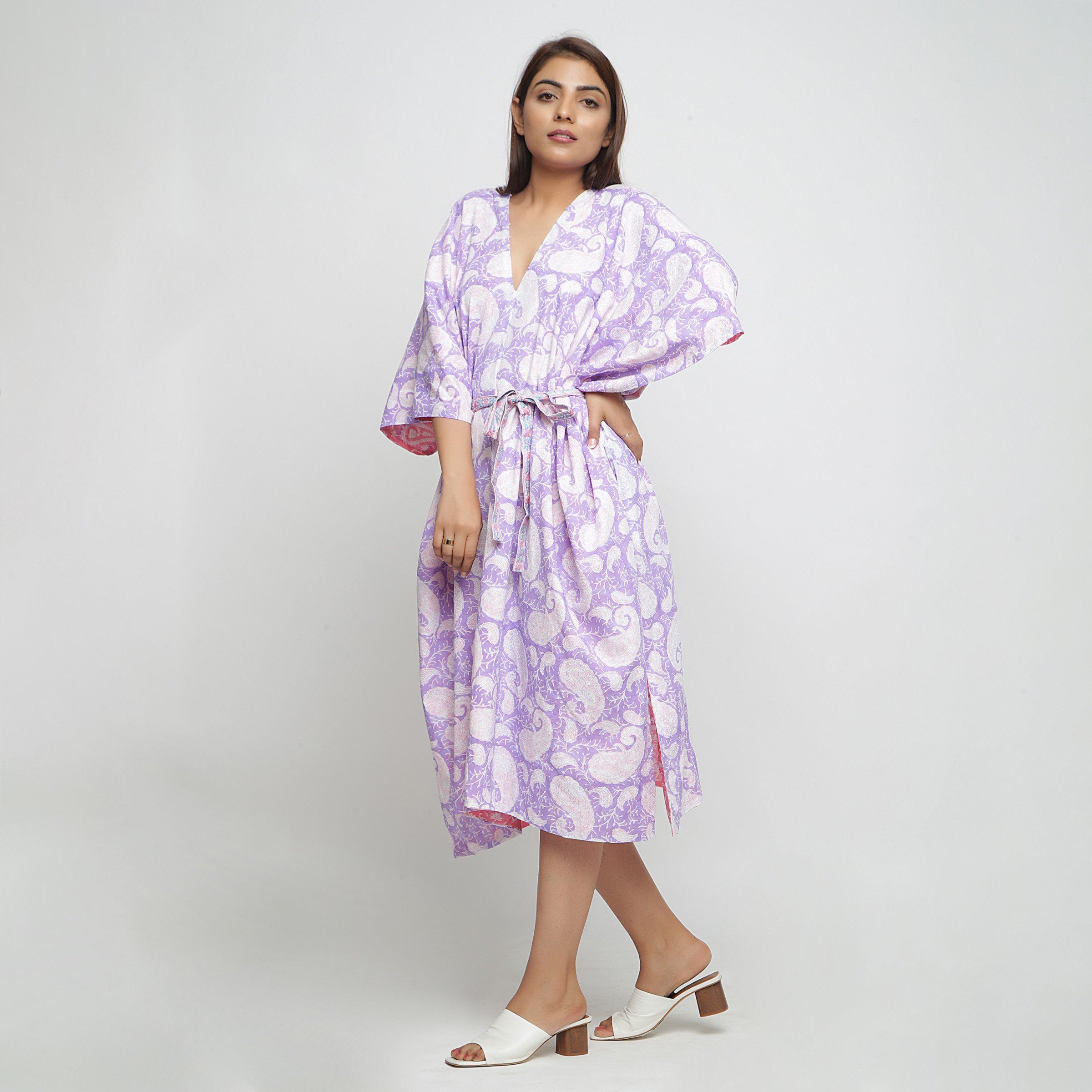 Left View of a Model wearing Reversible Mid Calf Length Cotton Kaftan