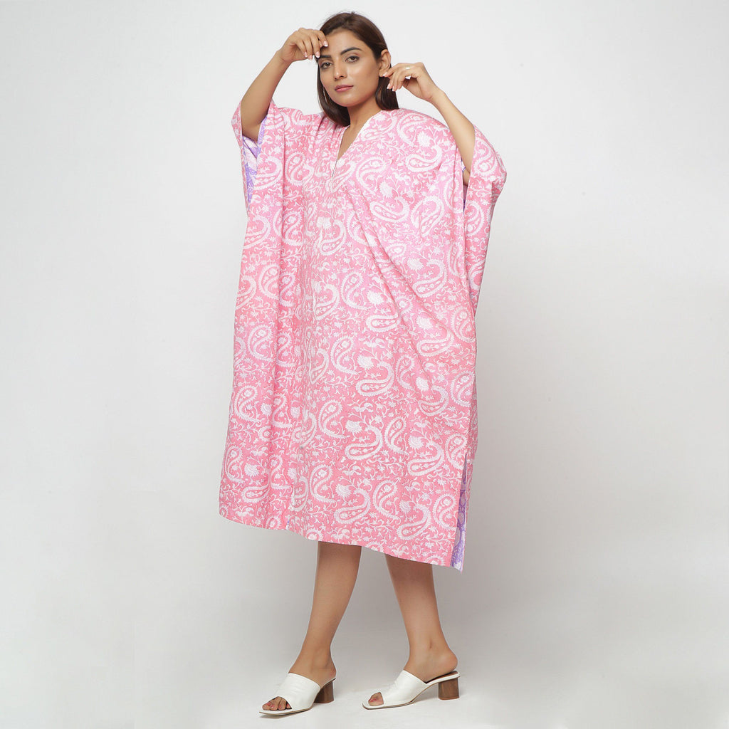 Left View of a Model wearing Reversible Mid Calf Length Cotton Kaftan