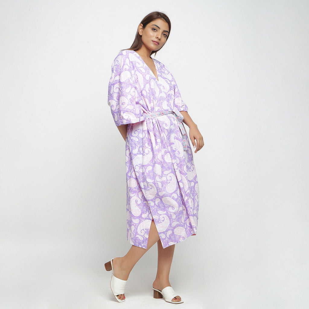 Right View of a Model wearing Reversible Mid Calf Length Cotton Kaftan