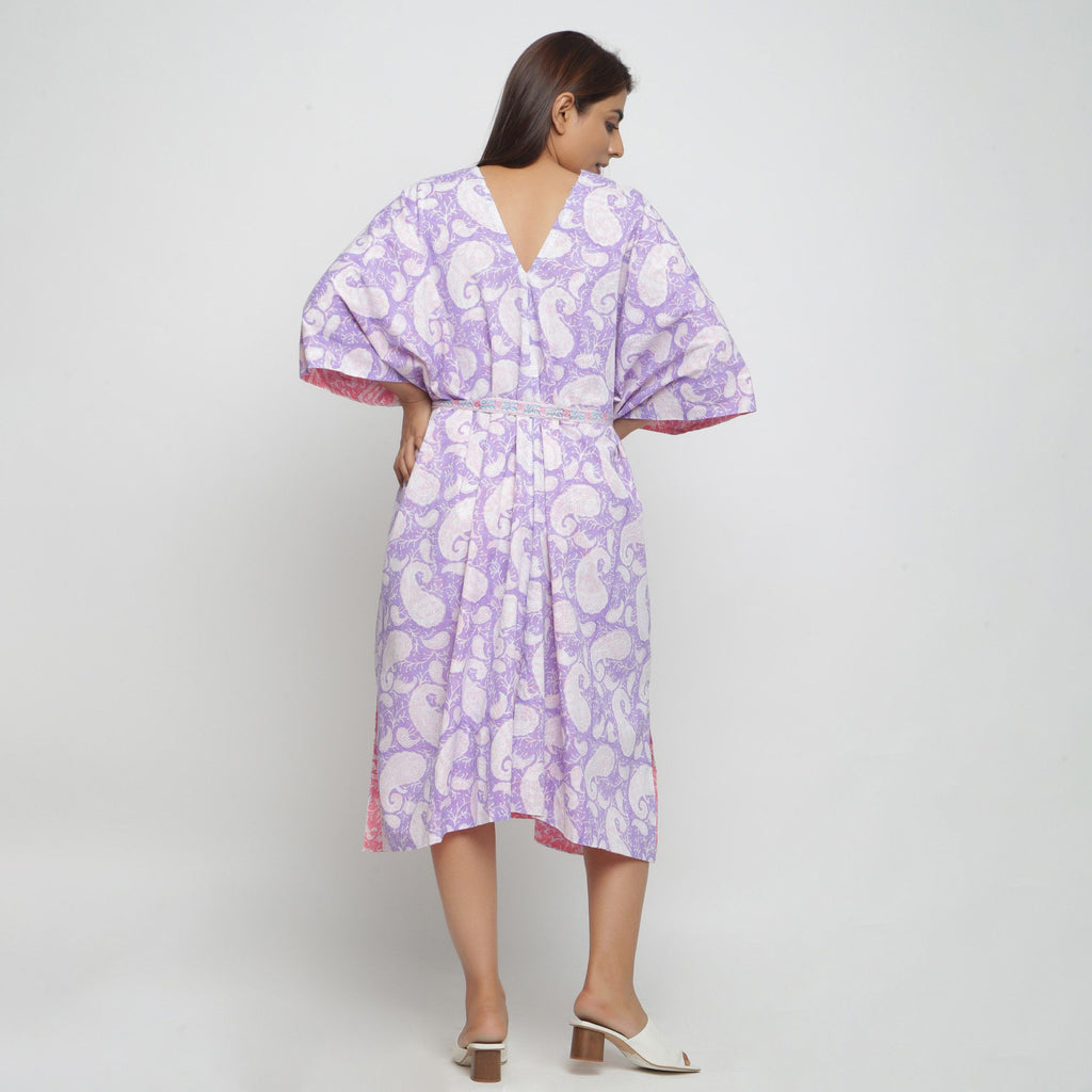 Back View of a Model wearing Reversible Mid Calf Length Cotton Kaftan