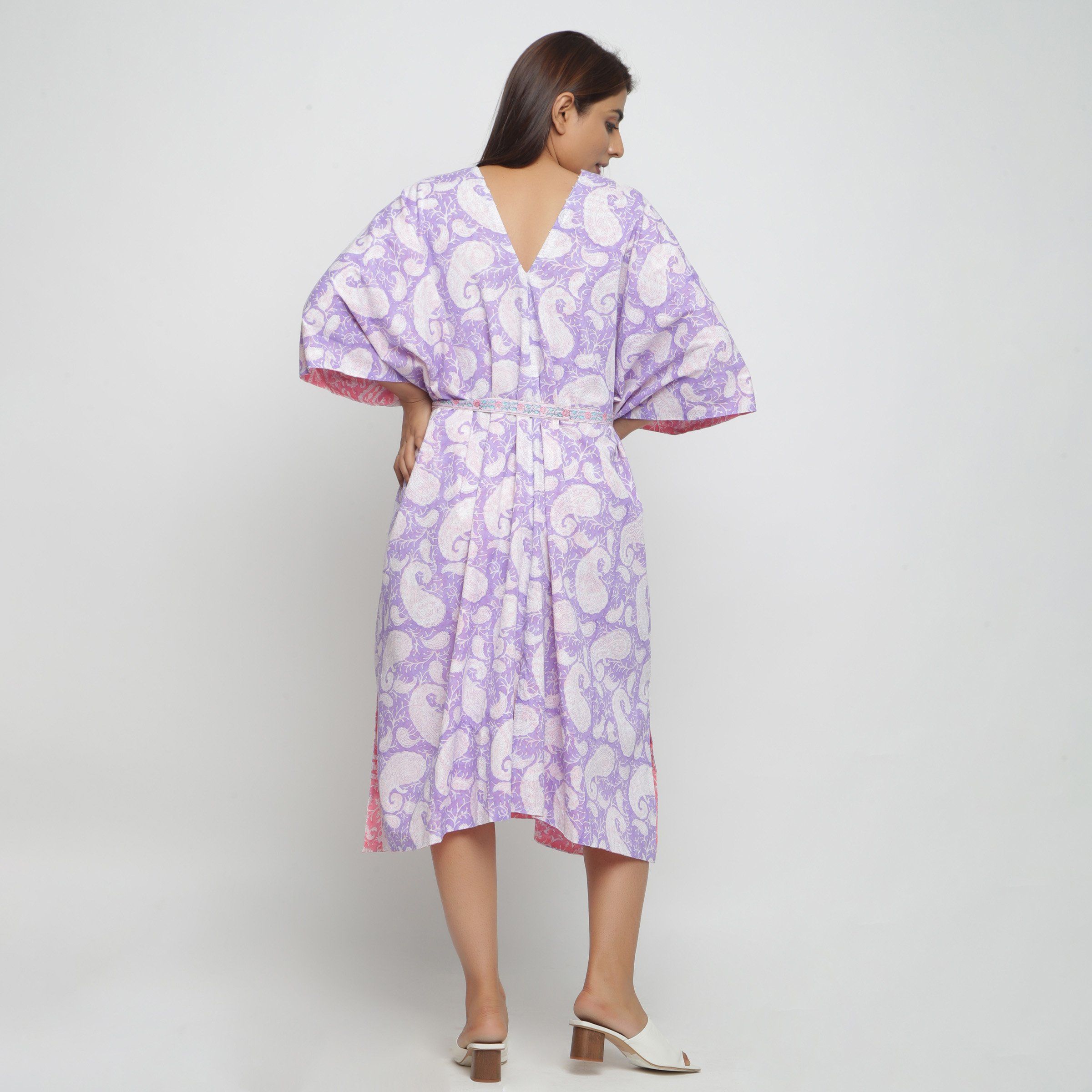 Back View of a Model wearing Reversible Mid Calf Length Cotton Kaftan