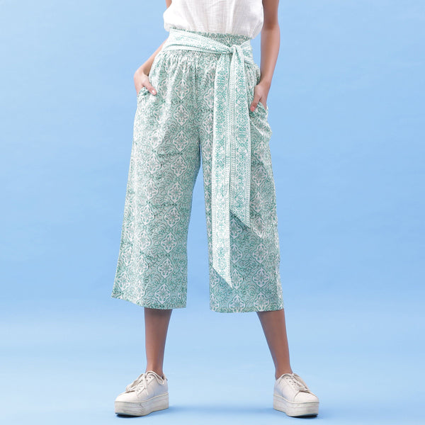 Front View of a Model wearing Hand Block Printed Green Elasticated Pant