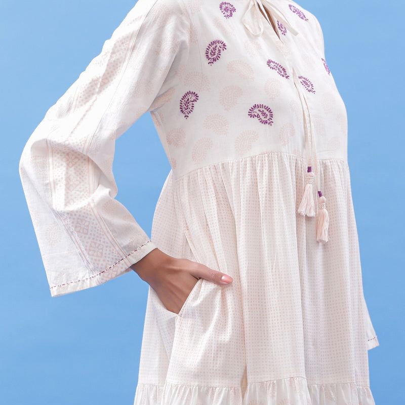 Front Detail of a Model wearing Hand Block Printed Pink Paisley Maxi Dress
