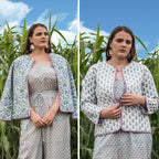 Front View of a Model wearing Hand-Block Printed Reversible Quilted Cotton Jacket