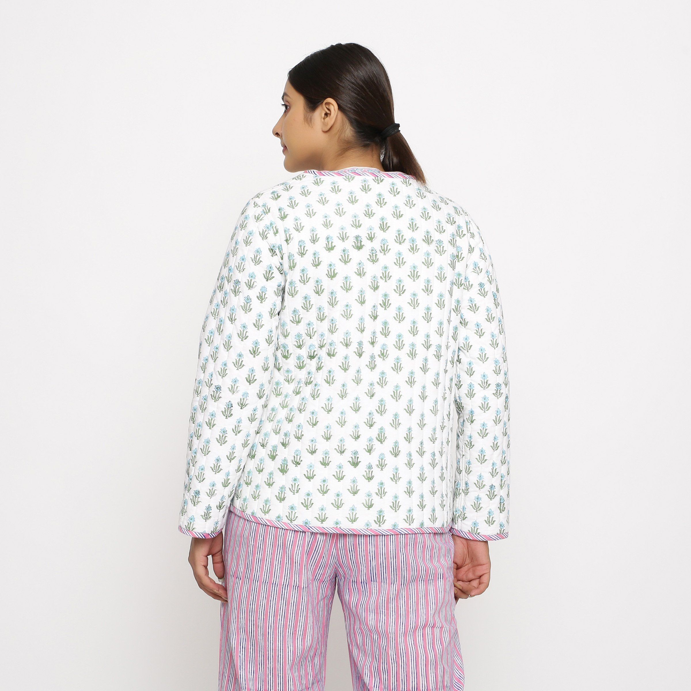 Back View of a Model wearing Hand-Block Printed Reversible Quilted Cotton Jacket